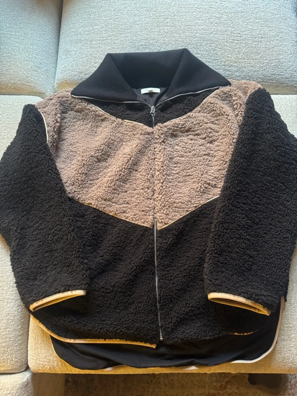 Promesa chevron colorblock fleece teddy fur Jacket in Black & Brown size L
